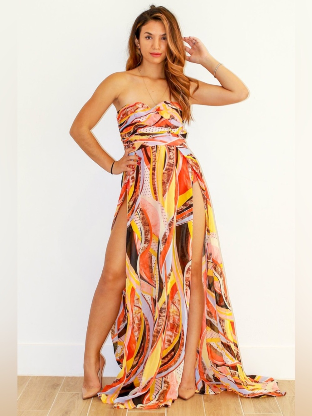 (A10) Lilly’s Kloset Soleil Strapless Multi-Wave Double Slit Maxi Dress - Size S